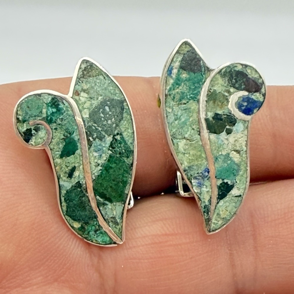 Vtg Early Taxco Mosaic Inlay Earrings Malachite Lapis Signed